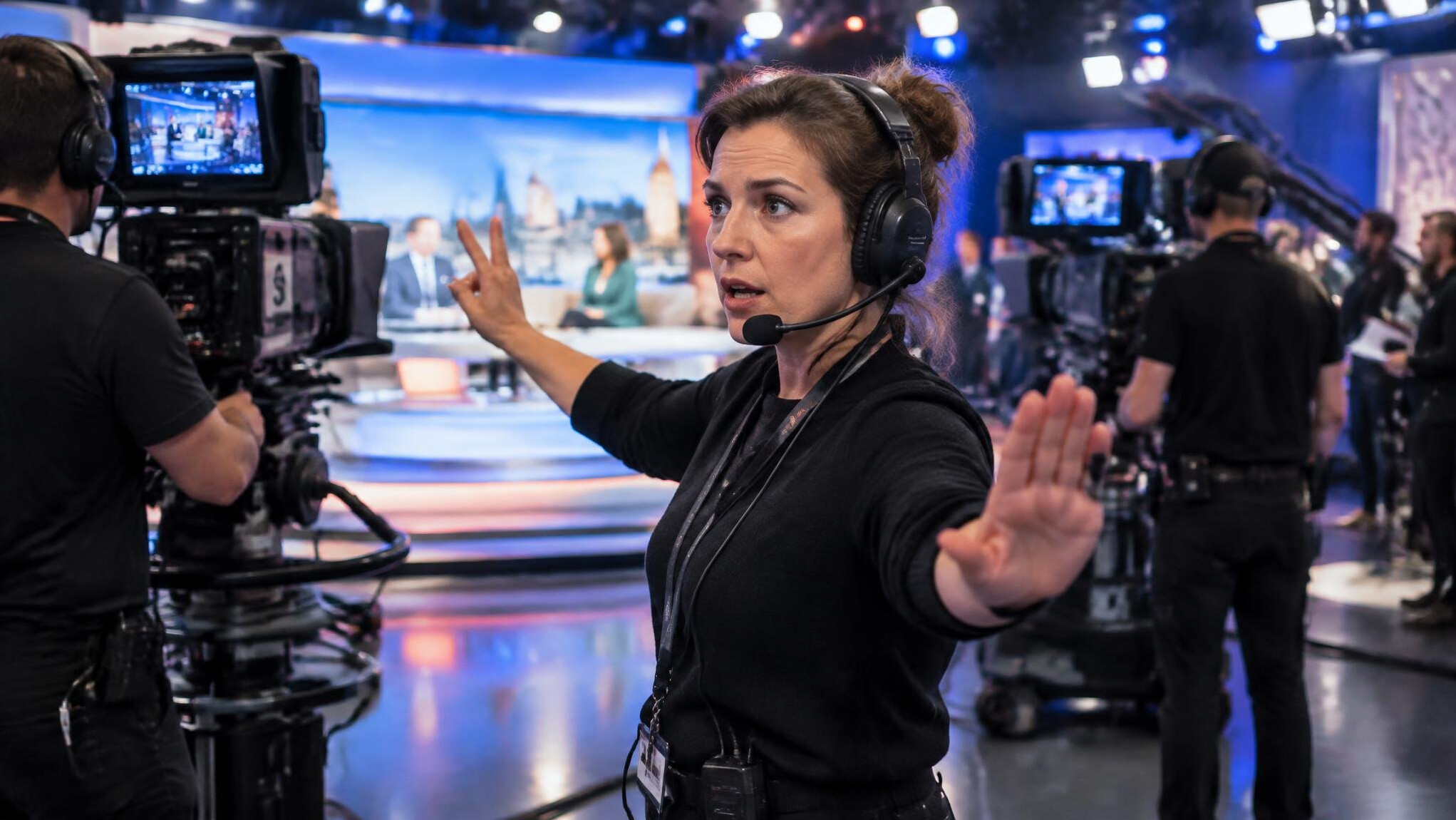 Floor manager coordinating camera positions during a broadcast