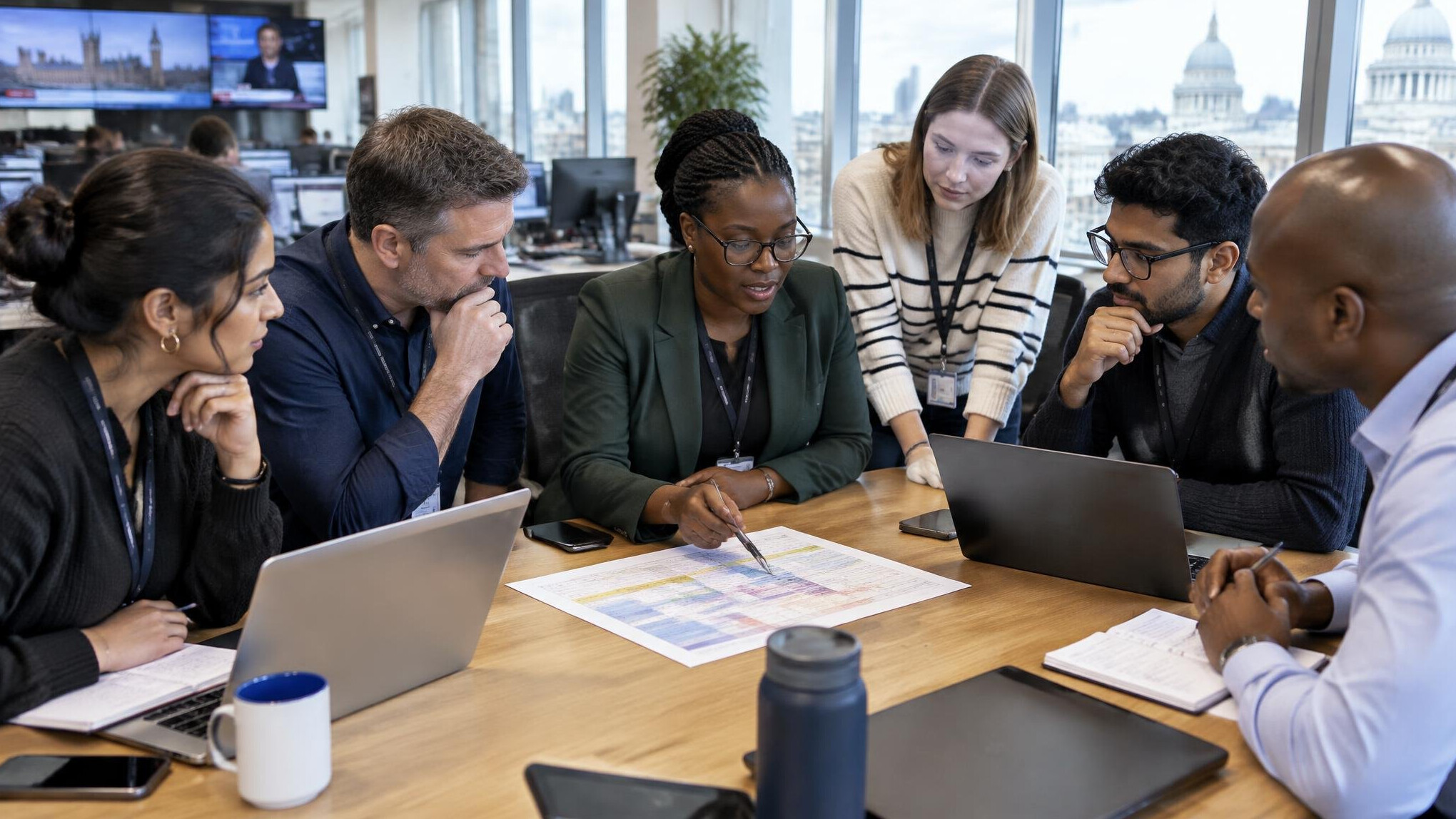 Editorial team planning the daily news rundown around a table
