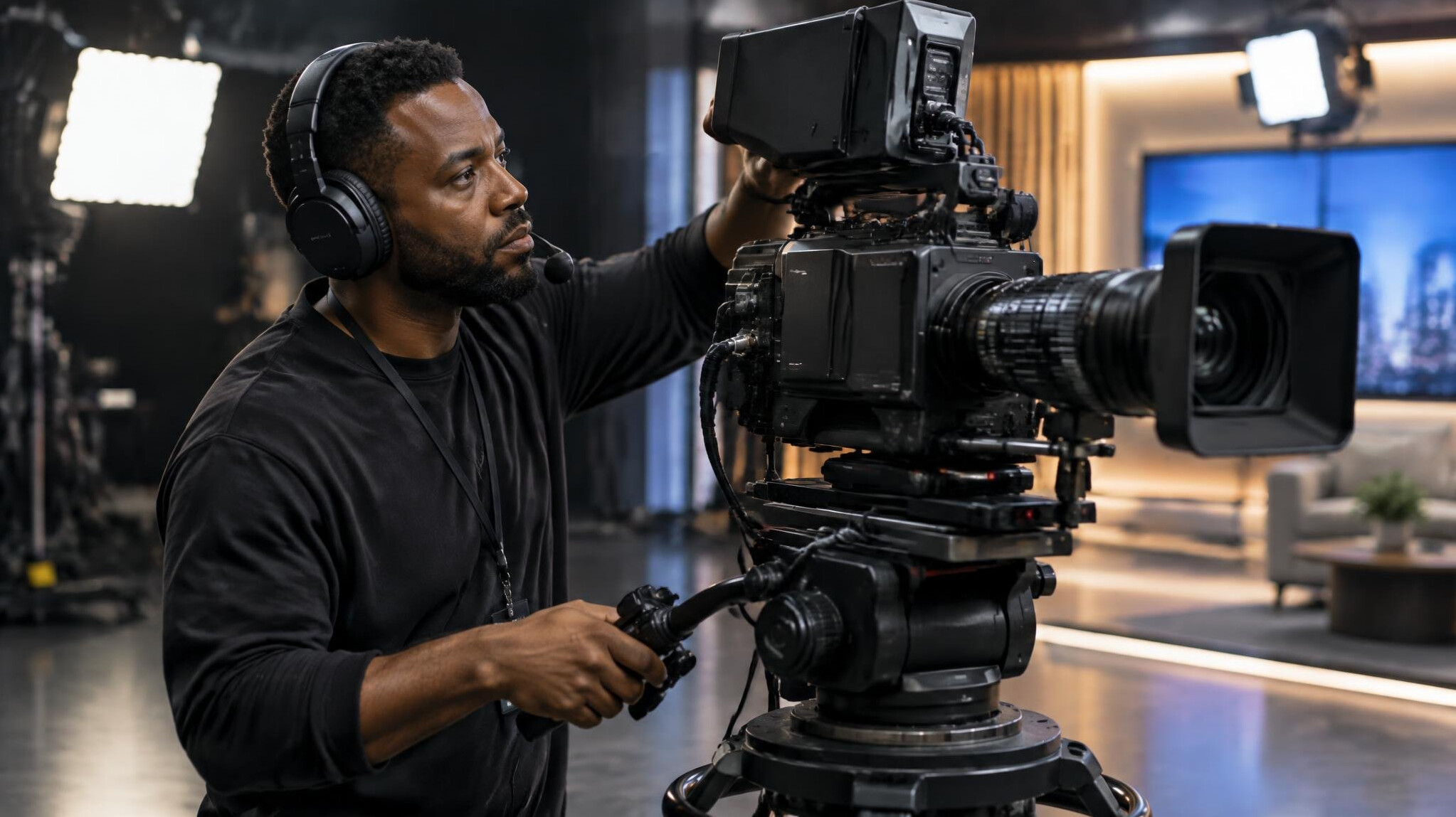 Television camera operator framing a shot in a studio