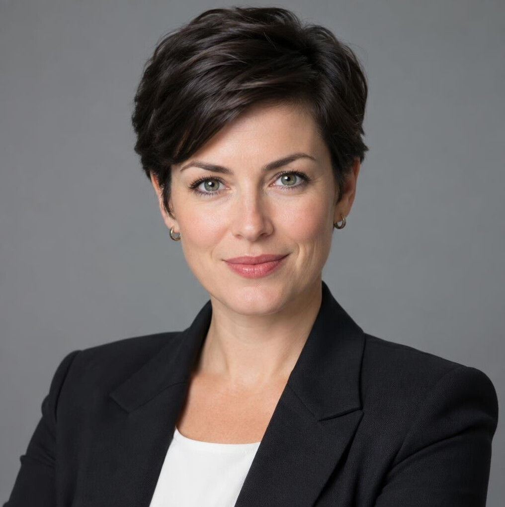 Studio portrait of a woman news editor with short dark hair