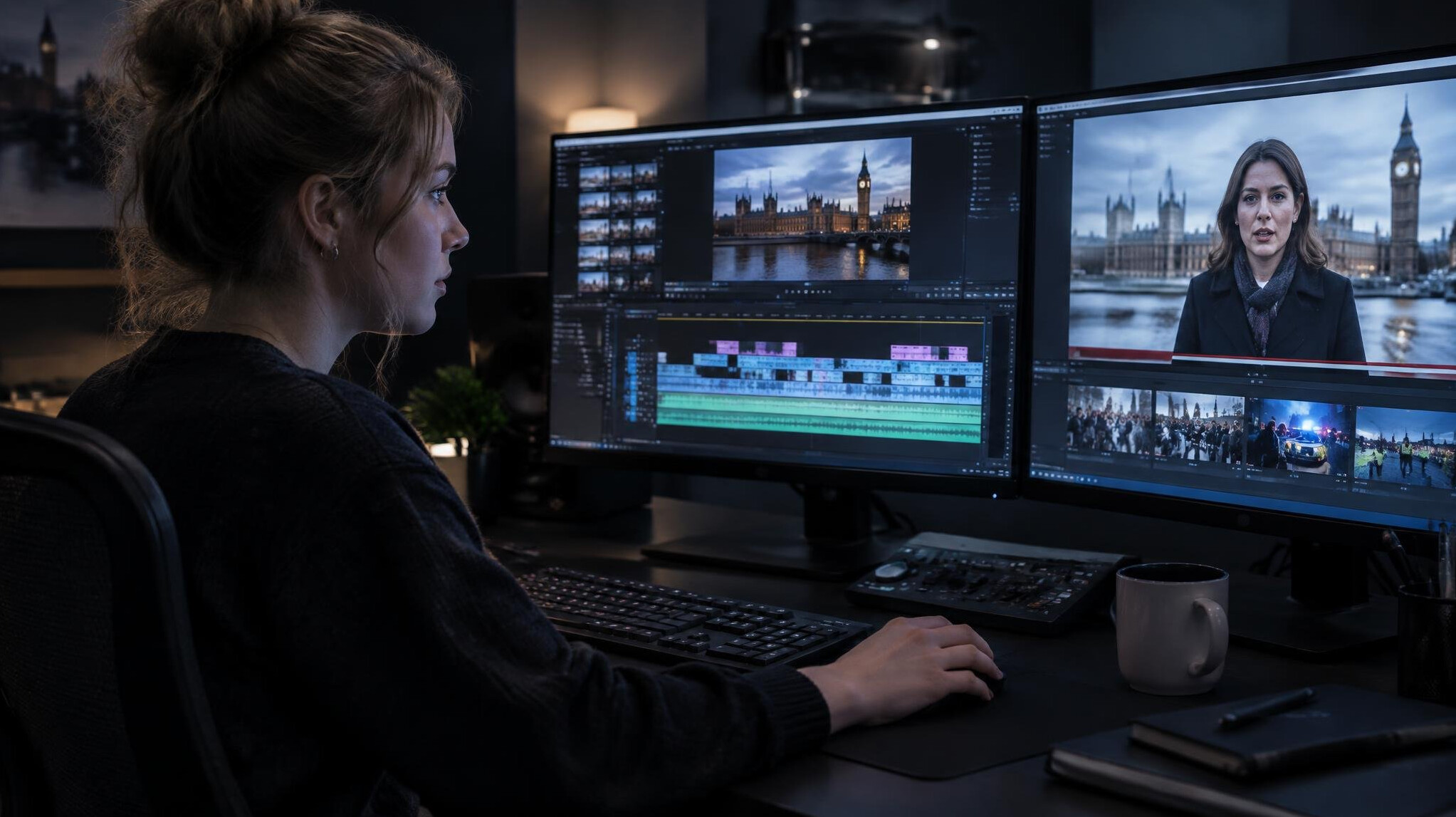 Video editor reviewing footage on multiple monitors