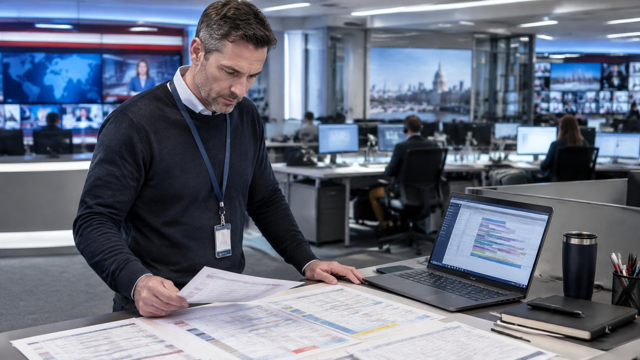 Producer organising the daily running order on a desk