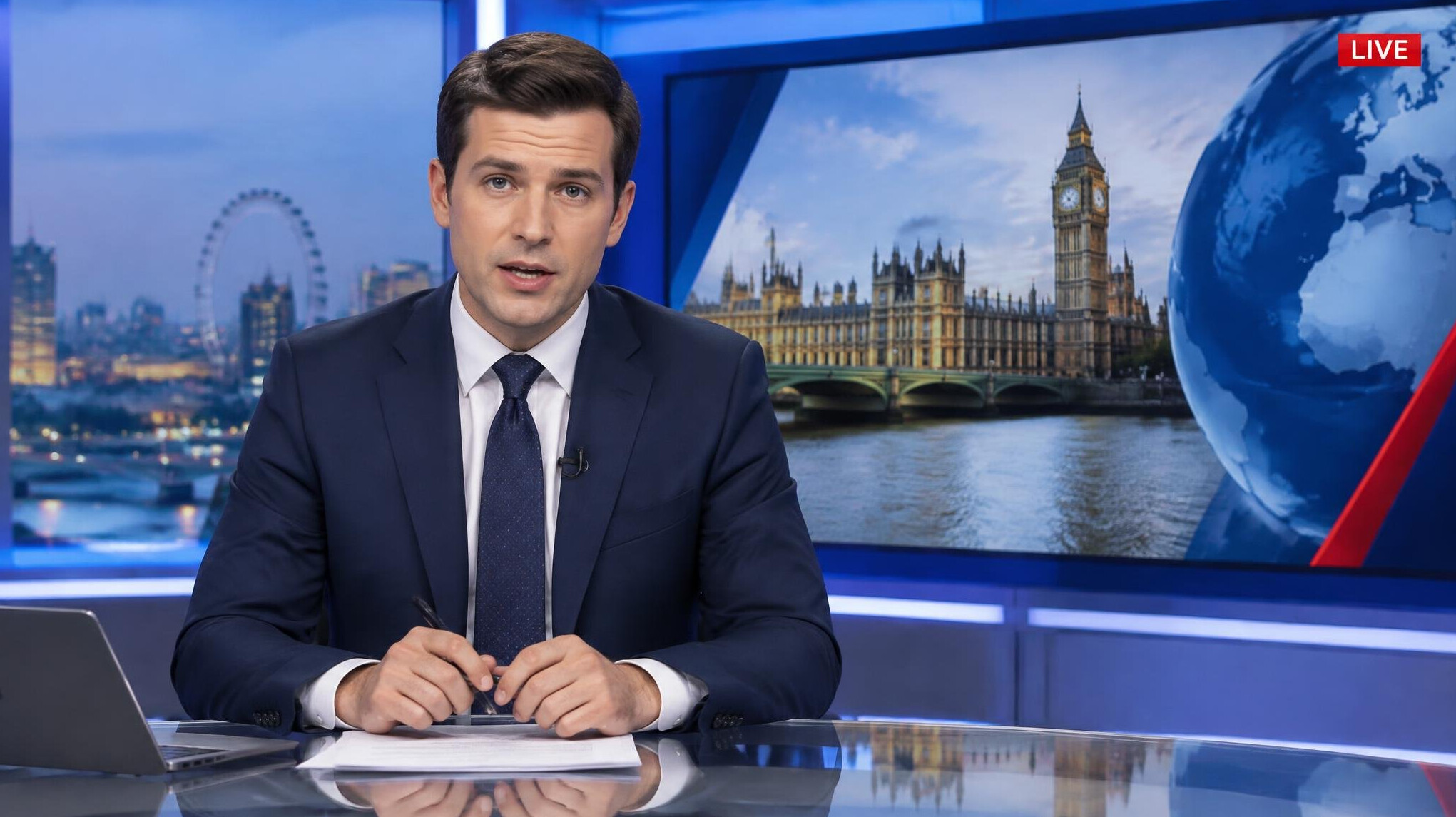 News presenter delivering a live studio update