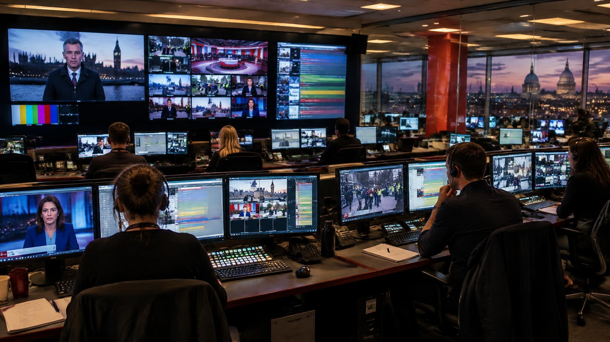 Broadcast control room with multiple screens showing news footage